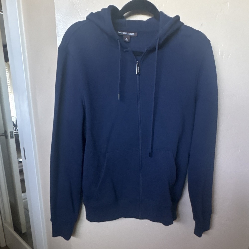 Michael Kors Men's Blue Full Zip Fleece Hoodie Logo Pockets Drawstring Size S